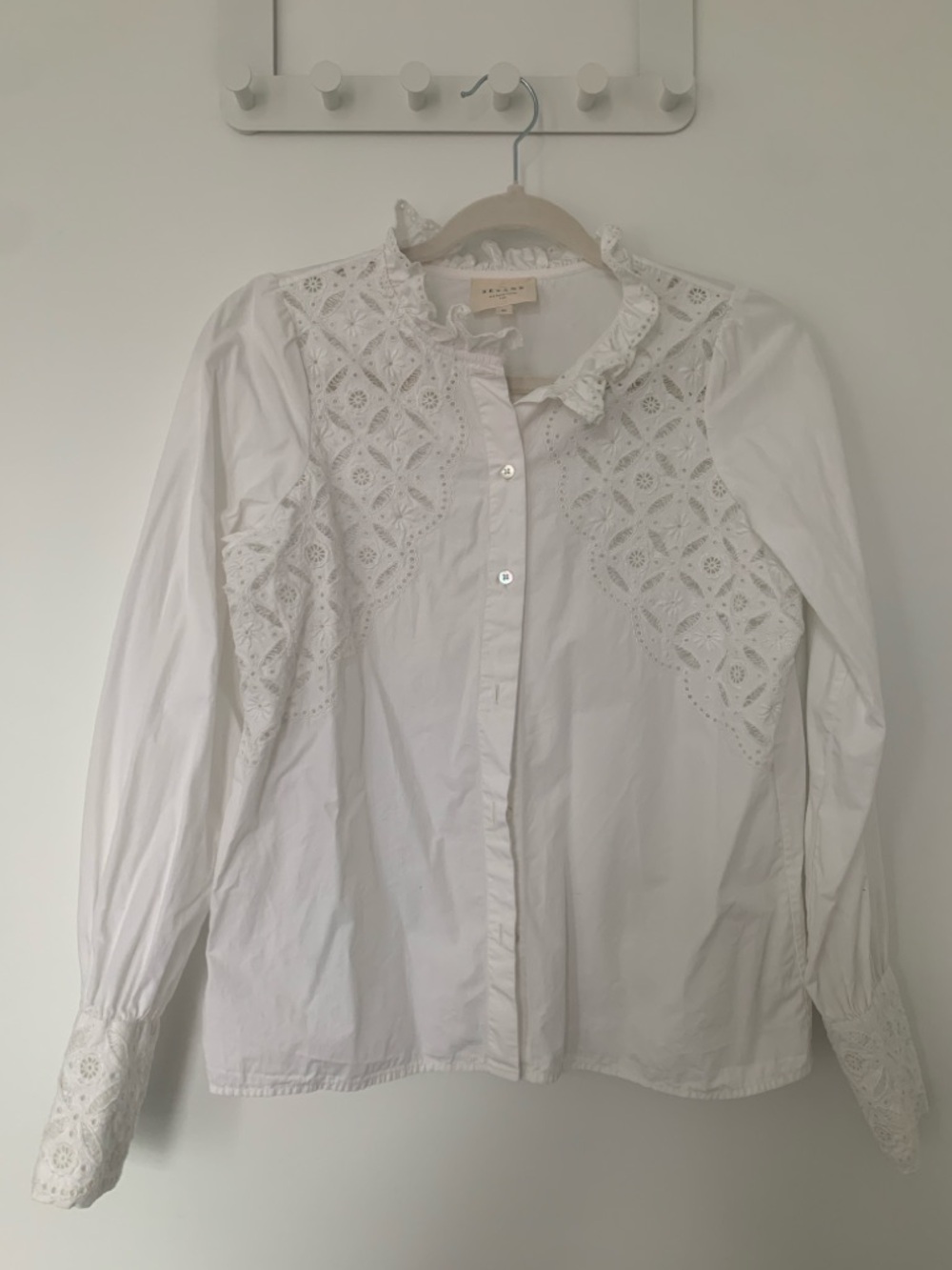 Sezane White Embroidered Button-Up Blouse